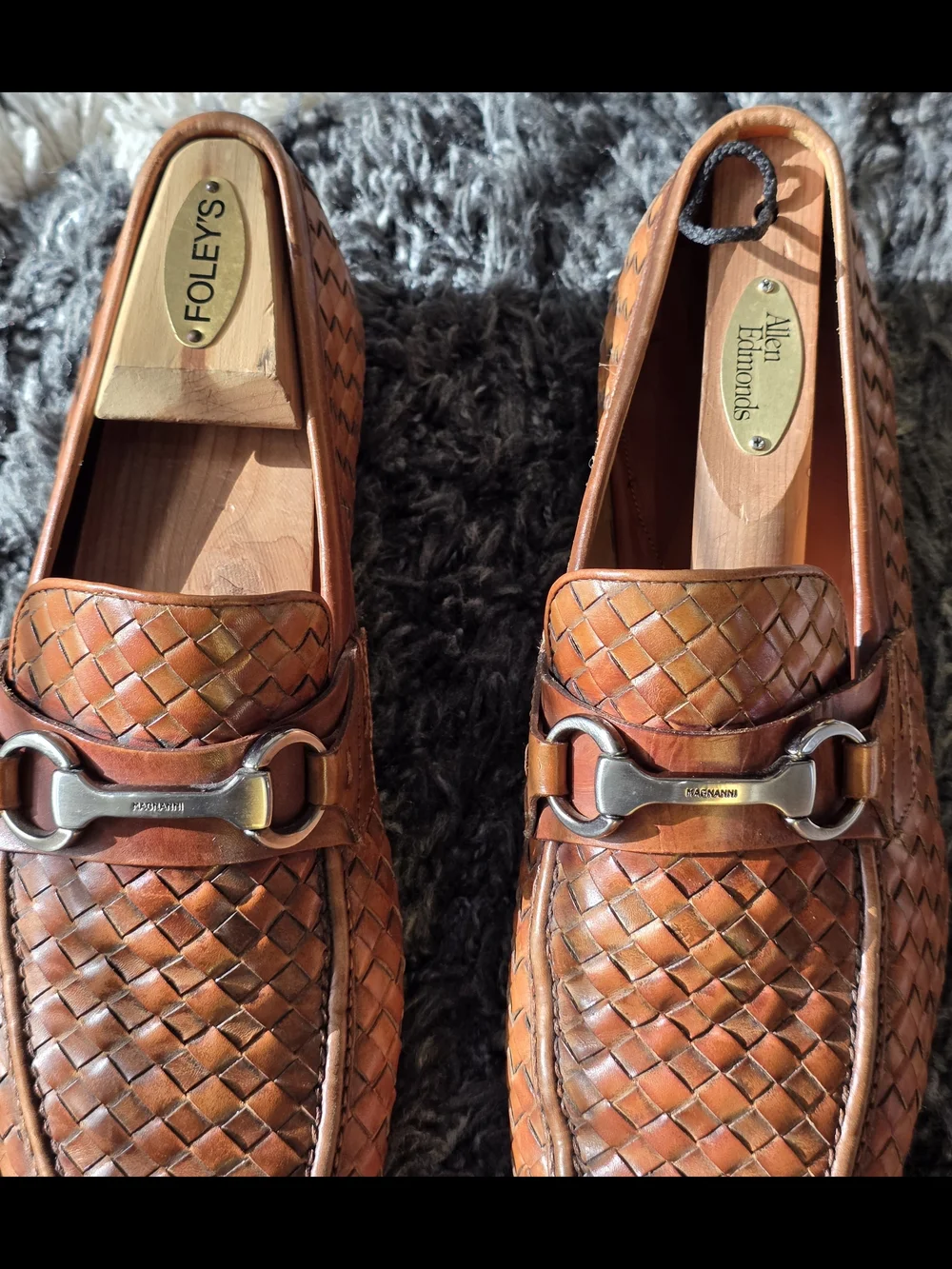Magnanni Men’s Woven Leather Bit Loafers in Cognac Brown Size 9.5